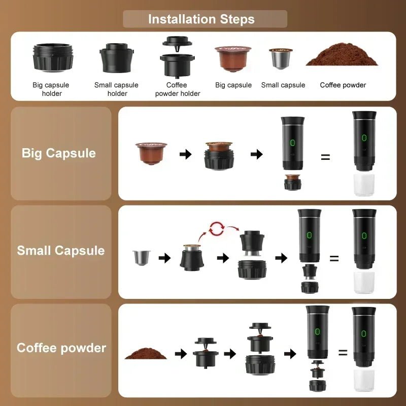 3 - in - 1 Portable Capsule Coffee Maker, Wireless Heating Electric Espresso Coffee Maker for Car Home, Travel Camping Coffee Maker - Nathan boutique