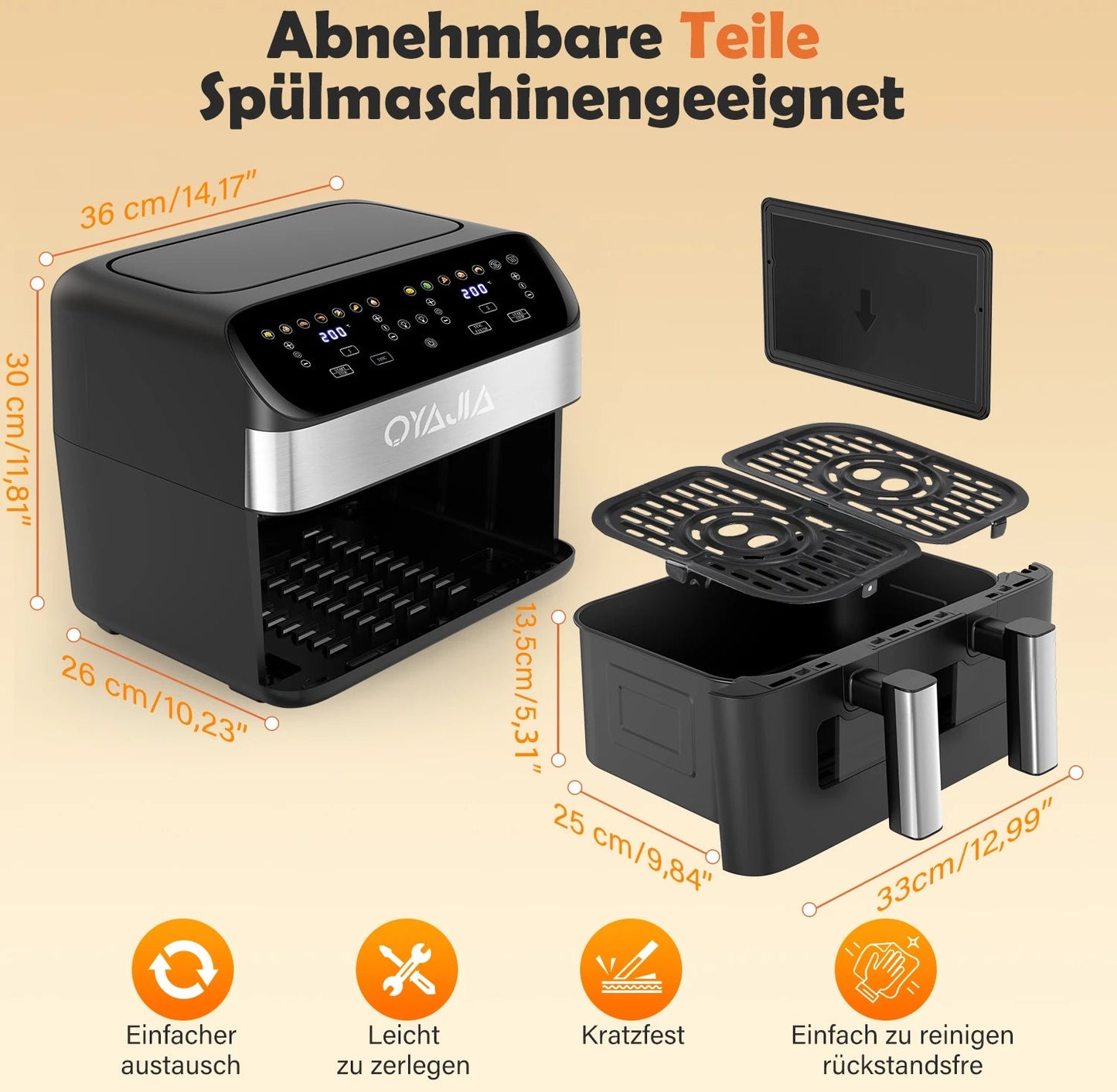 Air Fryer 10 L With Removable Divider, Viewing Window, Digital LED Touch Display, 12 Functions, Hot Air Circulation, 2600 W - Nathan boutique