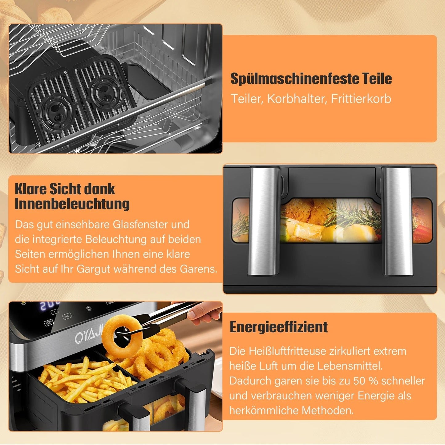 Air Fryer 10 L With Removable Divider, Viewing Window, Digital LED Touch Display, 12 Functions, Hot Air Circulation, 2600 W - Nathan boutique