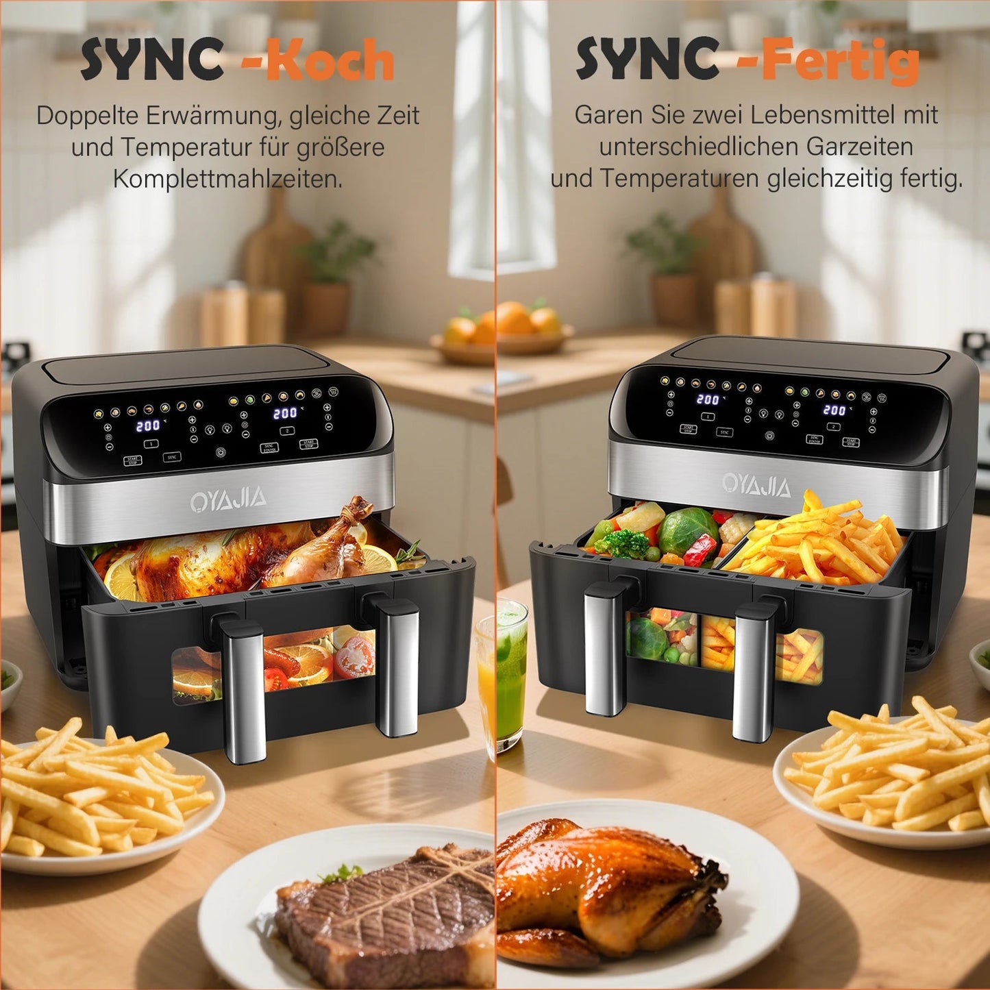 Air Fryer 10 L With Removable Divider, Viewing Window, Digital LED Touch Display, 12 Functions, Hot Air Circulation, 2600 W - Nathan boutique