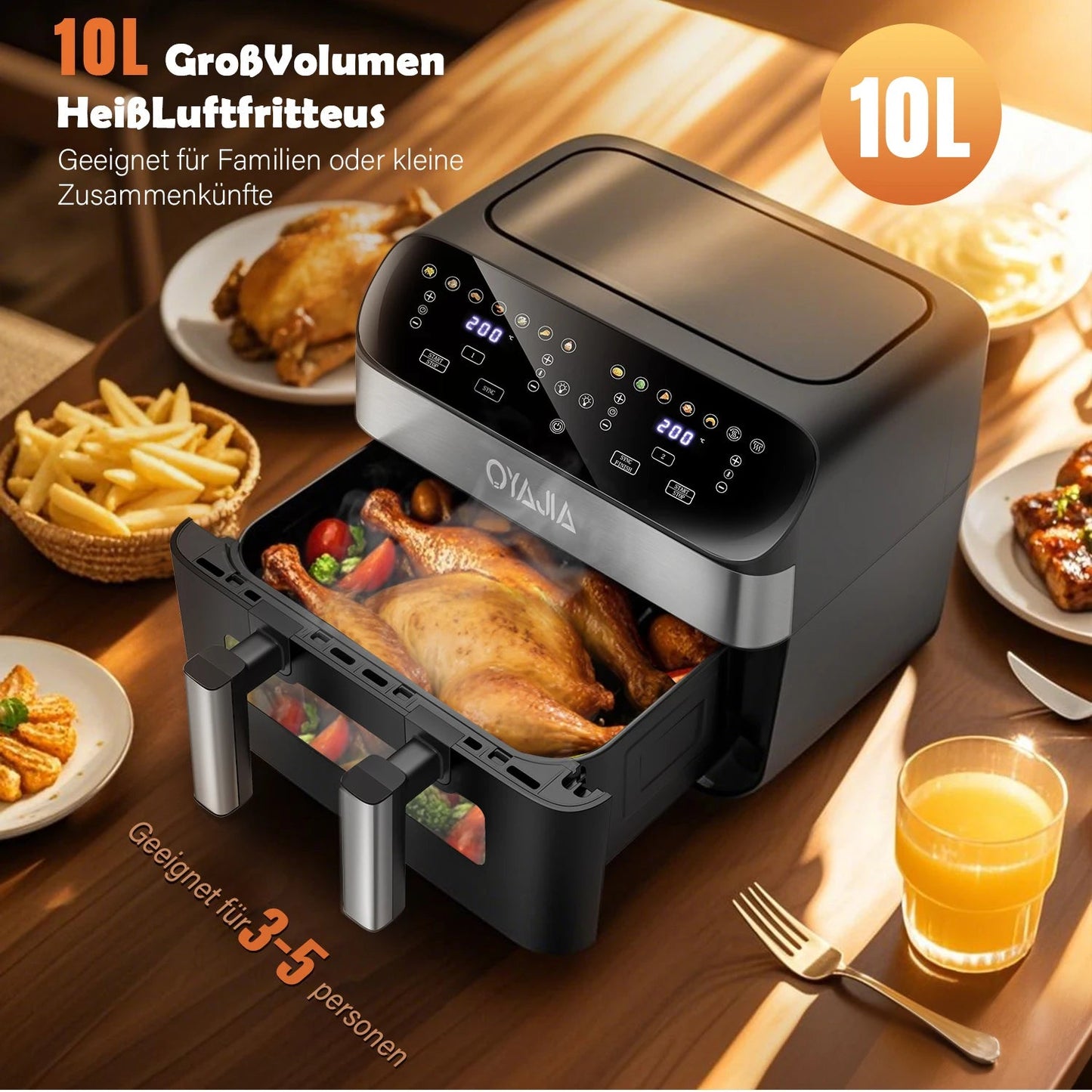 Air Fryer 10 L With Removable Divider, Viewing Window, Digital LED Touch Display, 12 Functions, Hot Air Circulation, 2600 W - Nathan boutique