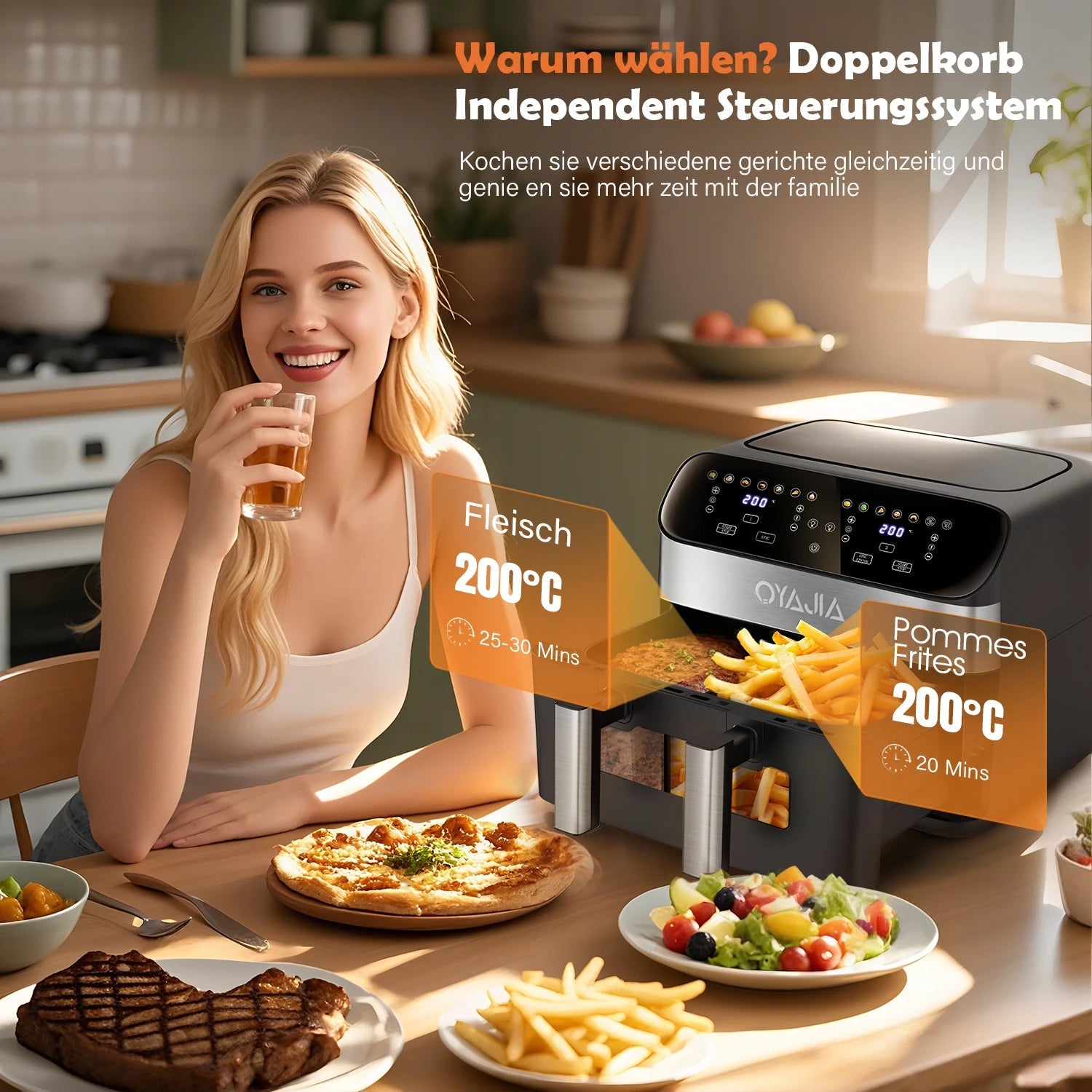 Air Fryer 10 L With Removable Divider, Viewing Window, Digital LED Touch Display, 12 Functions, Hot Air Circulation, 2600 W - Nathan boutique