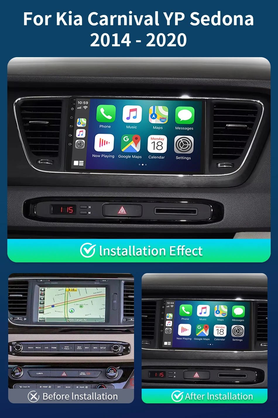 Car Radio Android16 Carplay Auto For Kia Carnival YP Sedona 2014 2015 2017 2018 - 2020 Multimedia Player WIFI+5G DSP Stereo 2 Din - Nathan boutique