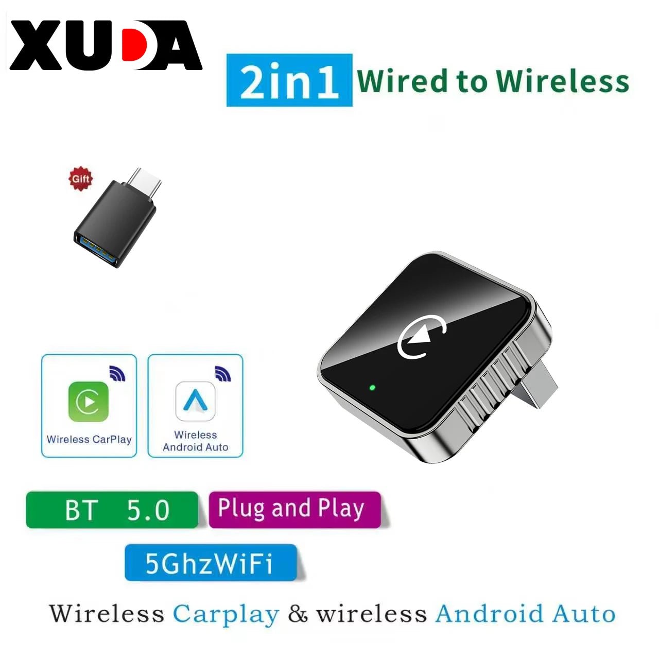 XUDA 2 in1 Wired to Wireless CarPlay Android Auto Adapter for OEM Car Stereo With USB Dongle Smart Mini Box Plug and Play Blueto - Nathan boutique